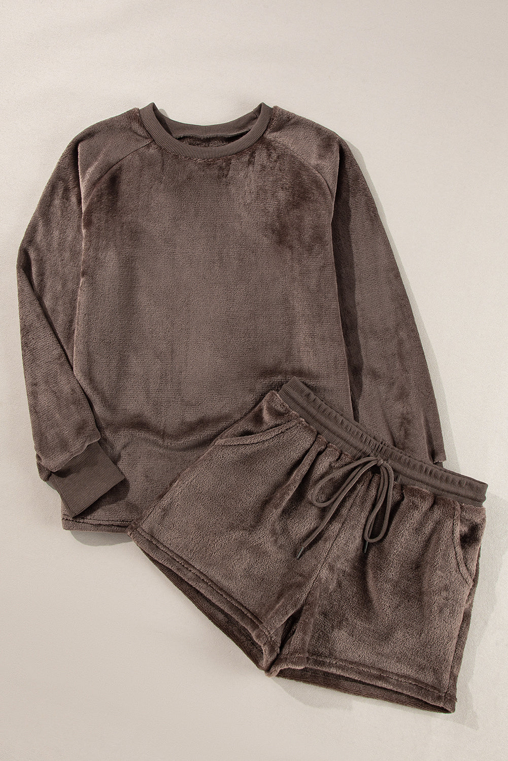 Brown Fleece Long-sleeve Top & Shorts Set