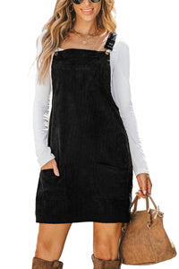 Black Solid Front Pockets Sleeveless Corduroy Overall Dress