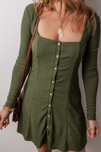 Avocado Rib Knit Square Neck Buttoned Long Sleeve Mini Dress