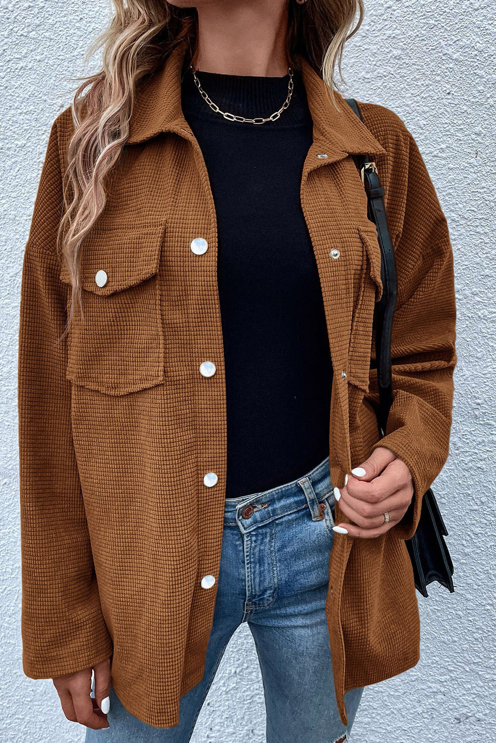 Rustic Brown Textured Flap Chest Pockets Snap Up Oversized Shirt