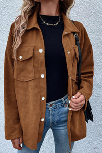 Rustic Brown Textured Flap Chest Pockets Snap Up Oversized Shirt