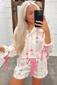 White Wine Glass Print & Pink Bow Ties Shorts Pajama Set