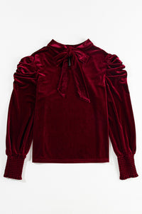 Burgundy Tie Back Neck Ruffled Sleeve Velour Blouse