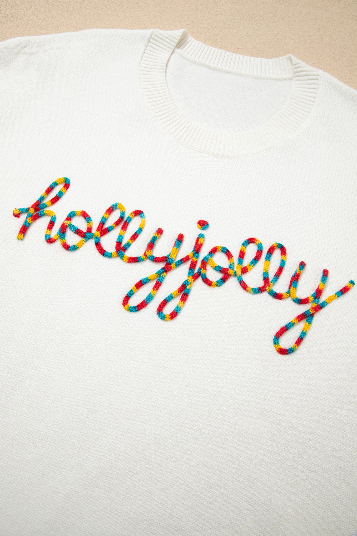 White Colorful Holly Jolly Embossed Lettering Christmas Sweater