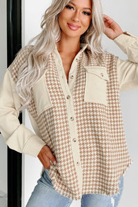 Cream Houndstooth Corduroy Patchwork Flap Pocket Shacket