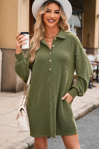 Moss Green Corded Button Down Collared Shift Dress