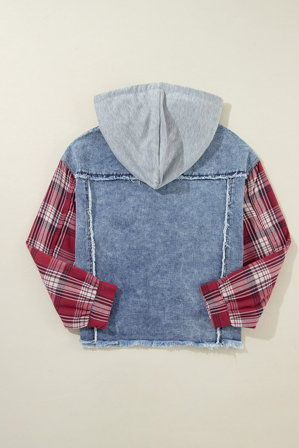 Raw Hem Denim Hooded Button Up Jacket with Red Plaid Sleeves