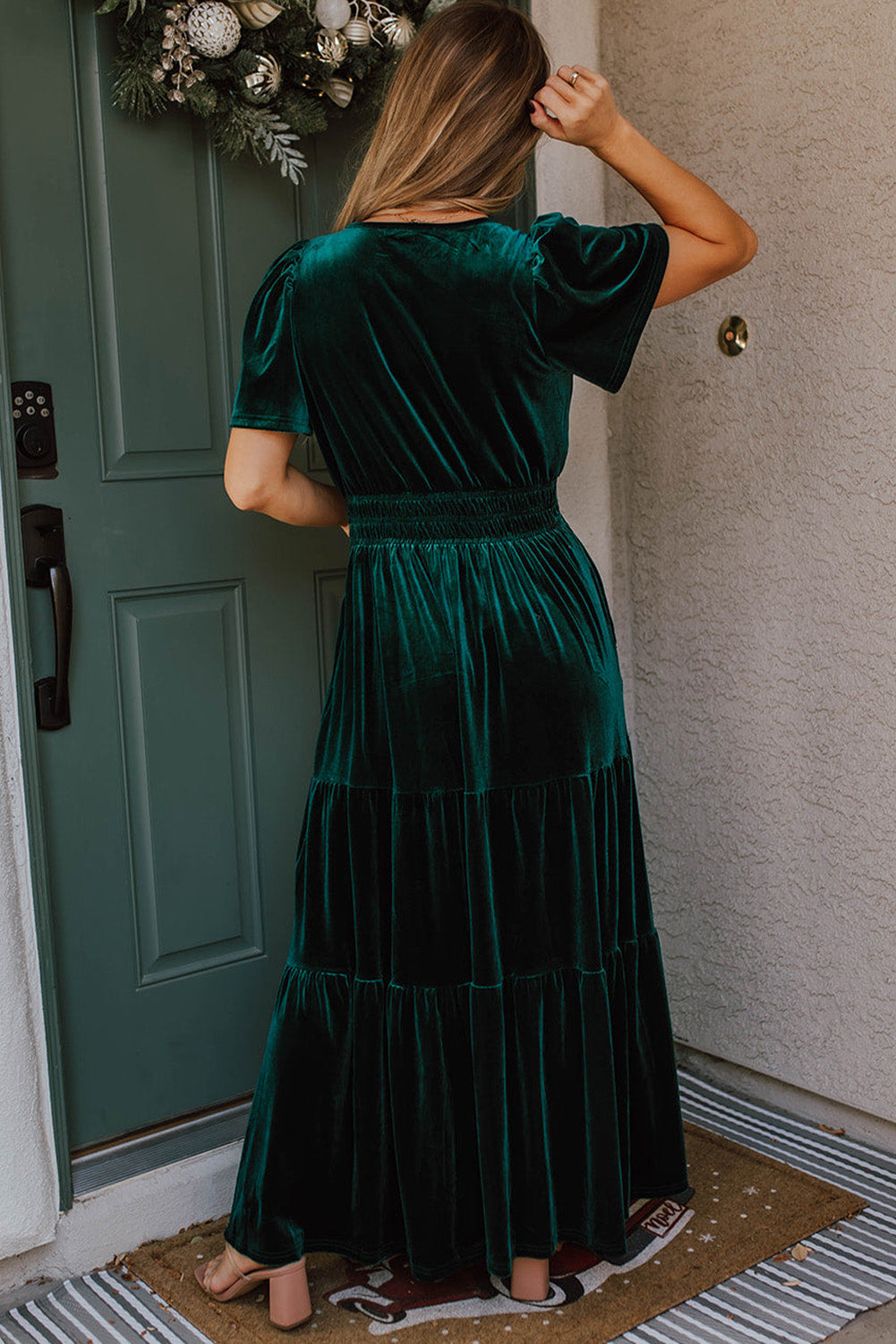 Emerald Velour Short Sleeve Shirred Waist Tiered Maxi Dress