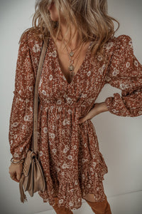 Brown Boho Floral Ruffled Puff Sleeve V-Neck Mini Dress