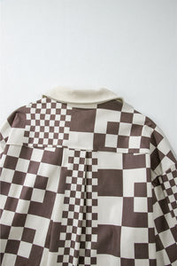 Brown Checkered Print Patchwork Corduroy Oversized Shacket