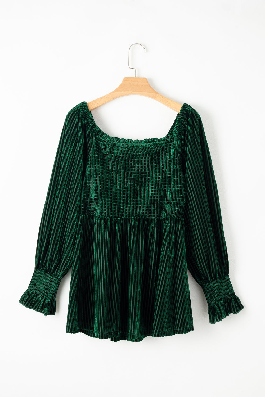 Velour Square Neck Smocked Long-sleeve Babydoll Top