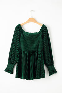 Velour Square Neck Smocked Long-sleeve Babydoll Top