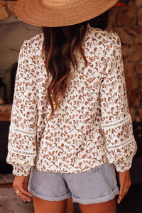 Brown Fall Floral Lace Detail Puff Sleeve Blouse