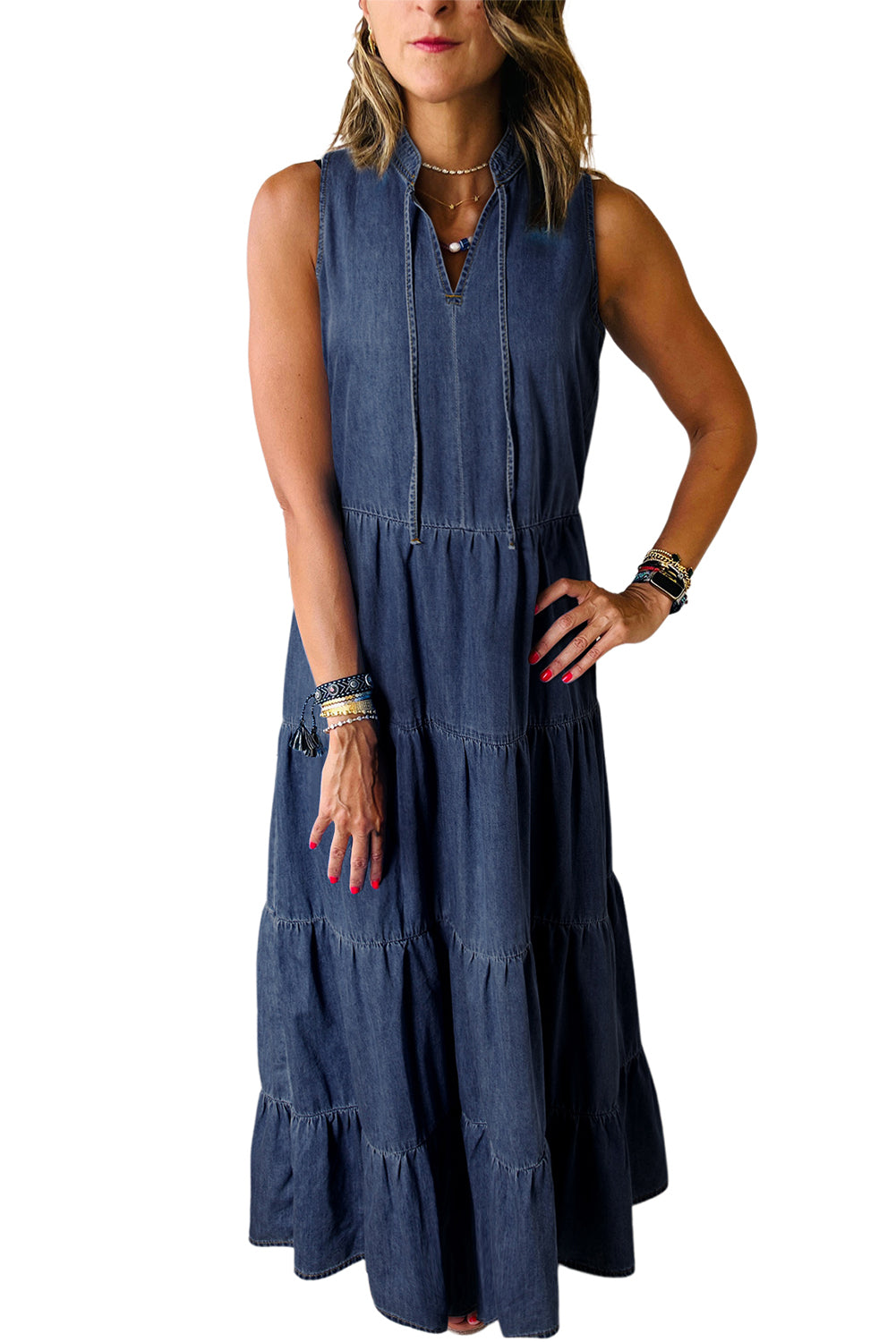 Dark Chambray Sleeveless Tiered Maxi Dress