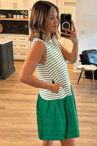 Green Stripe Drop Waist Ruffled Sleeveless Mini Dress