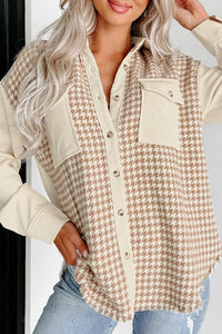 Cream Houndstooth Corduroy Patchwork Flap Pocket Shacket