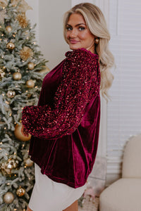 Burgundy Sequin Sleeve Button Up Velvet Top