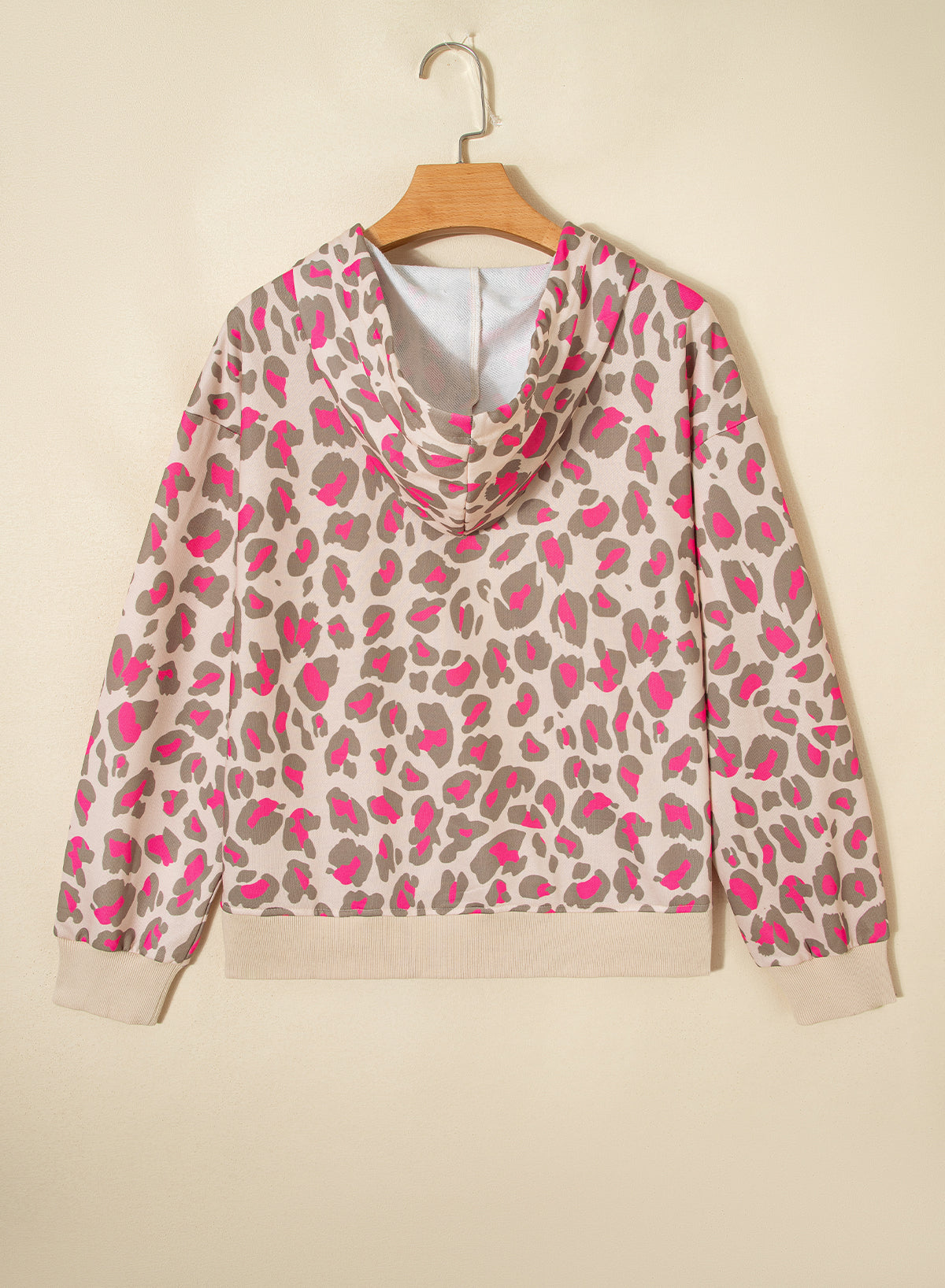 Fuchsia and Khaki Leopard Print Full Zip Front Pockets Hoodie