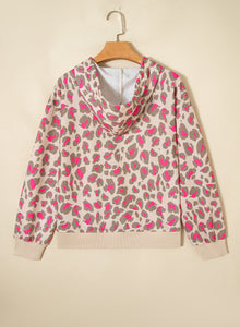 Fuchsia and Khaki Leopard Print Full Zip Front Pockets Hoodie