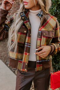 Brown Plaid Buttoned Chest Pockets Stand Up Collared Jacket