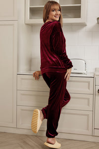 Burgundy Velour Long-sleeve Top & Pants Lounge Set