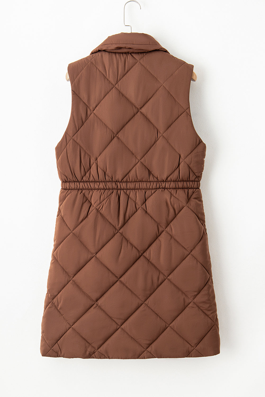 Brown Longline Quilted Stand Collar Snap Down Vest