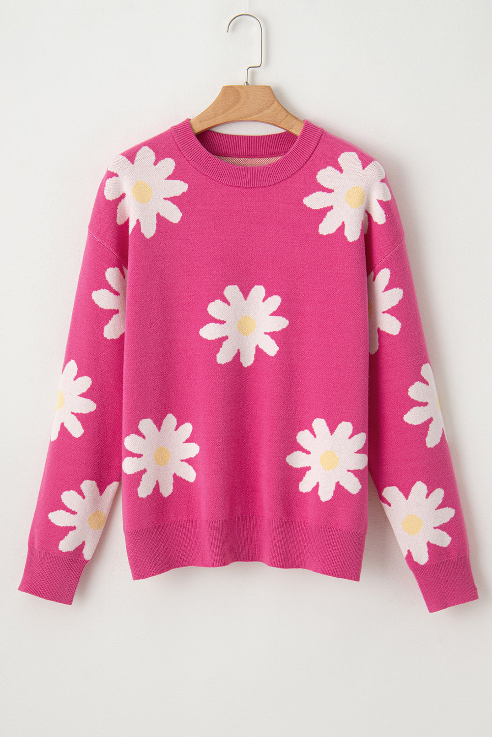 Bright Pink Daisy Crew Neck Long Sleeve Sweater