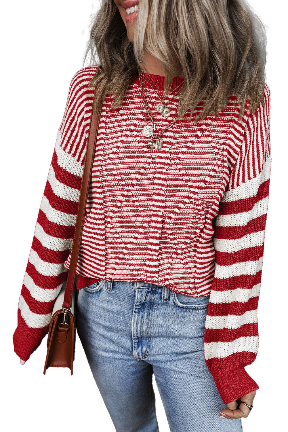 Red Stripe Long Sleeve Geometric Textured Knit Sweater