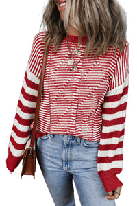 Red Stripe Long Sleeve Geometric Textured Knit Sweater