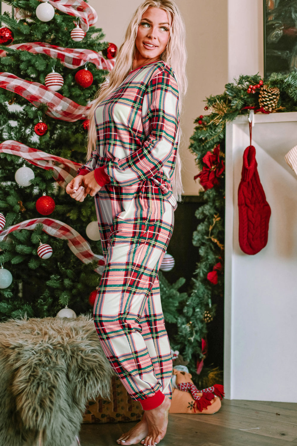 Red Christmas Plaid Long-sleeve Top and Pants Lounge Set