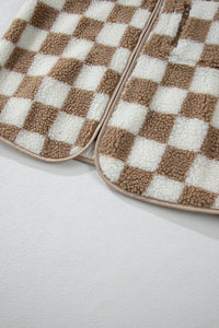 Brown & Cream Checkered Zip Up Sherpa Vest w/Zip Chest Pocket