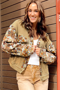 Khaki Fall Floral Color Block Button Up Lightweight Cropped Jacket