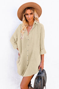 Beige Corduroy Button Down Long Sleeve Mini Shirt Dress