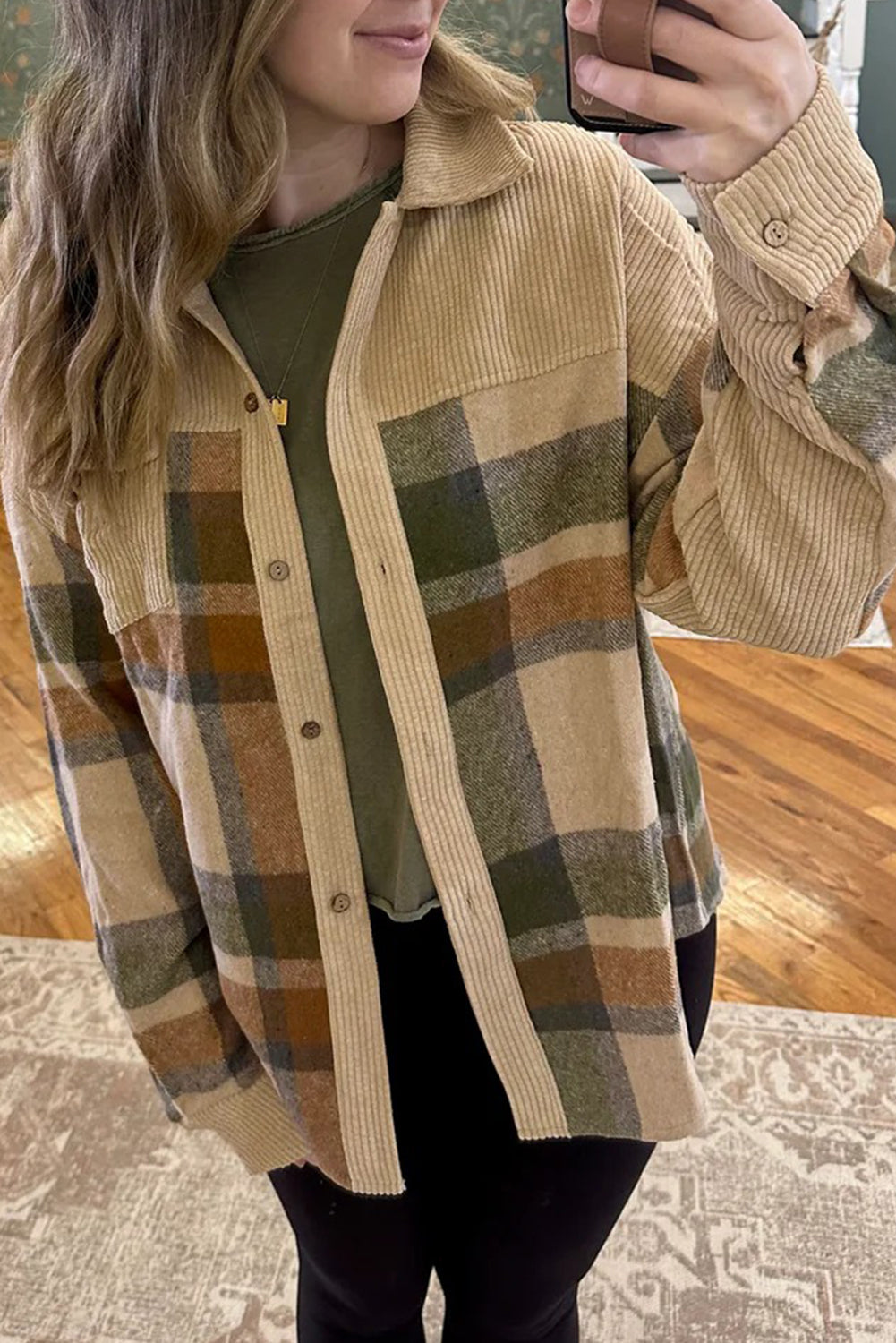 Beige Retro Plaid Corduroy Patchwork Shacket
