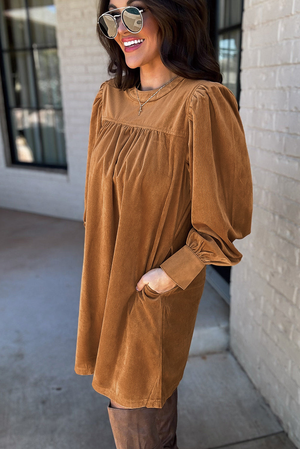 Golden Brown Corduroy Pleated Puff Sleeve Shift Dress