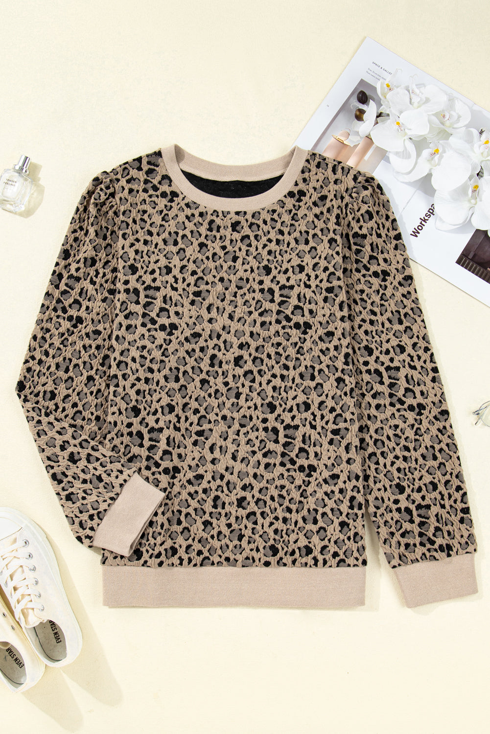 Khaki Leopard Print Textured Plus Size Long Sleeve Top