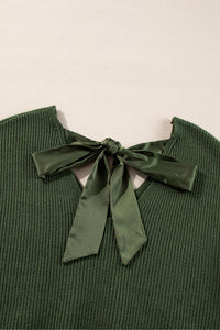 Pine Green Lantern Sleeve V-Neck Tied Open Back Knit Sweater