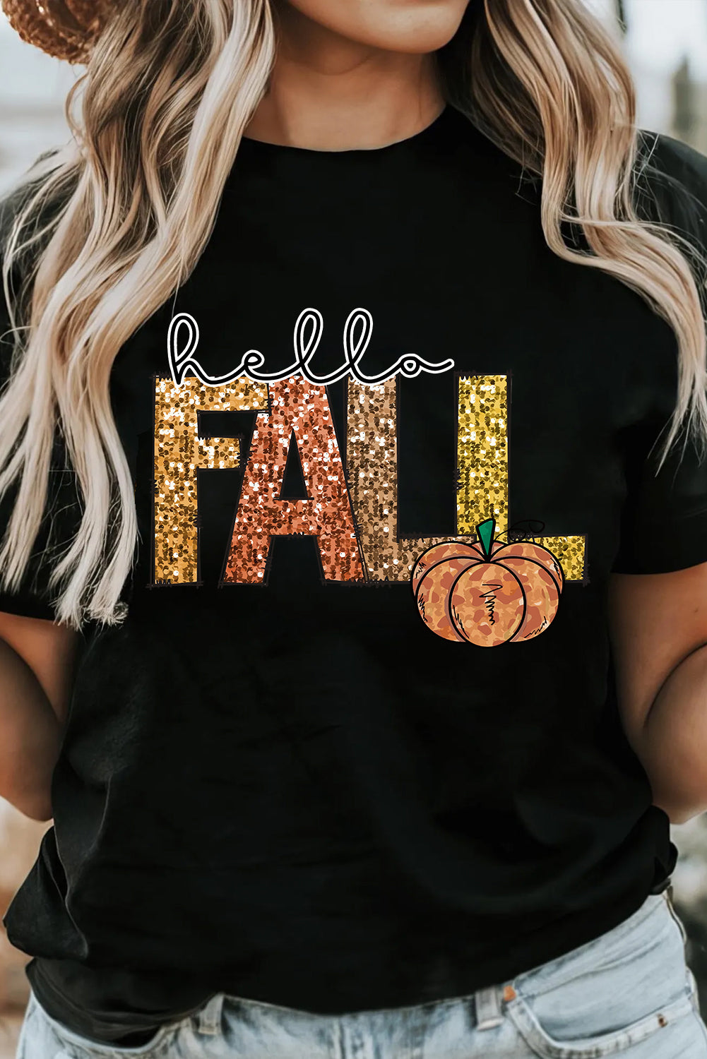 Sequined Hello Fall Pumpkin Black Graphic Tee