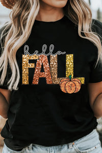 Sequined Hello Fall Pumpkin Black Graphic Tee