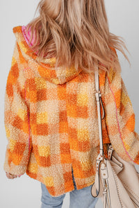 Orange & Yellow Checkered Sherpa Snap Up Pink Lined Hooded Jacket