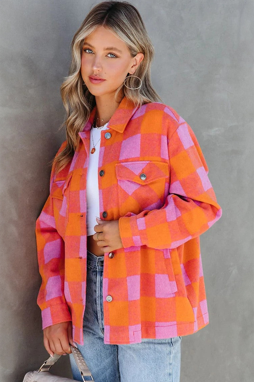 Orange and Pink Checkered Button Down Collared Jacket