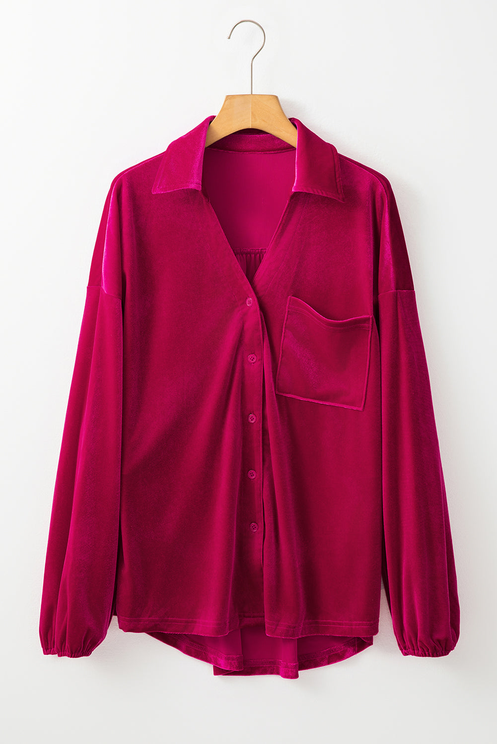 Dark Pink V-Neck Button-Up Long-sleeve Velour Shirt