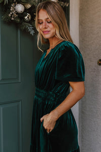 Emerald Velour Short Sleeve Shirred Waist Tiered Maxi Dress