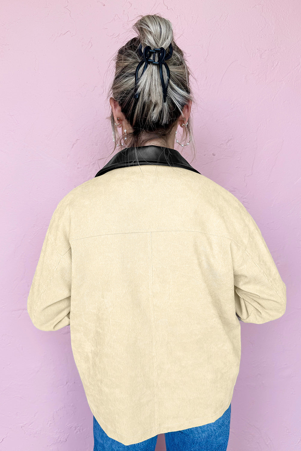 Light Beige Faux Black Leather Collar Zip Up Corduroy Jacket