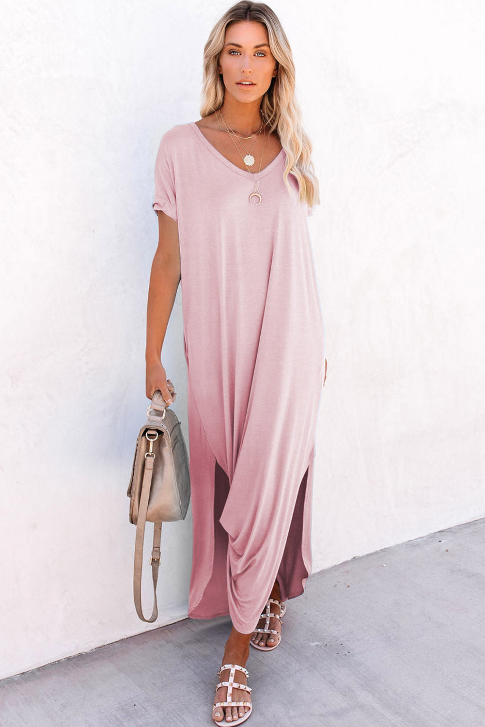 Pink V-Neck Side Split Maxi T-shirt Dress with Pockets