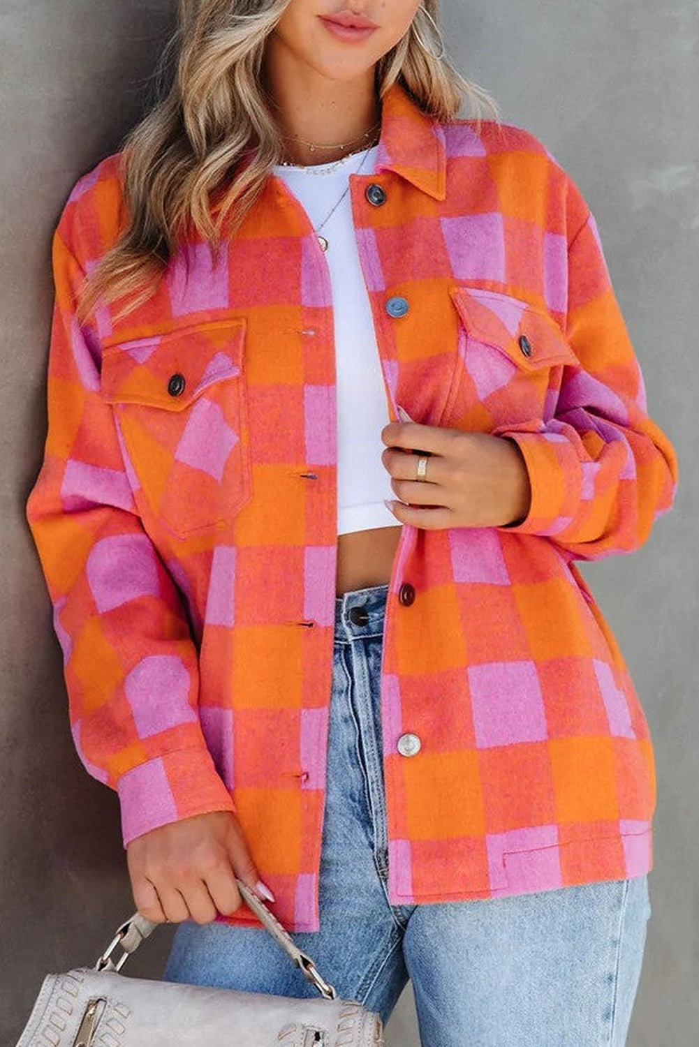 Orange and Pink Checkered Button Down Collared Jacket