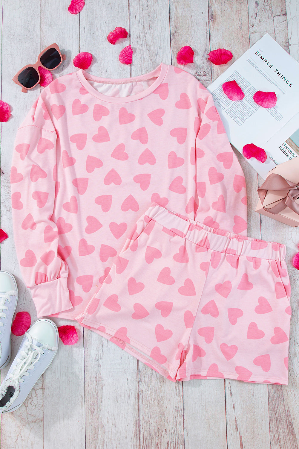 Pink Valentine Hearts Long Sleeve Top & Shorts Lounge Set