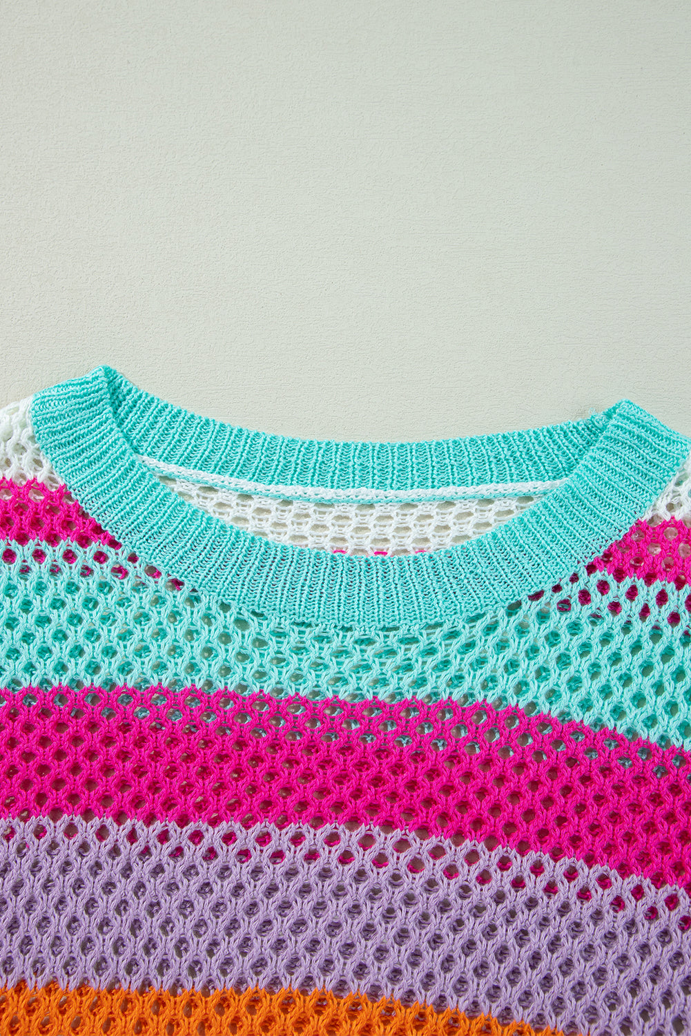 Mint Pink Lavender Stripe Crochet Open Knit Sweater