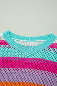 Mint Pink Lavender Stripe Crochet Open Knit Sweater