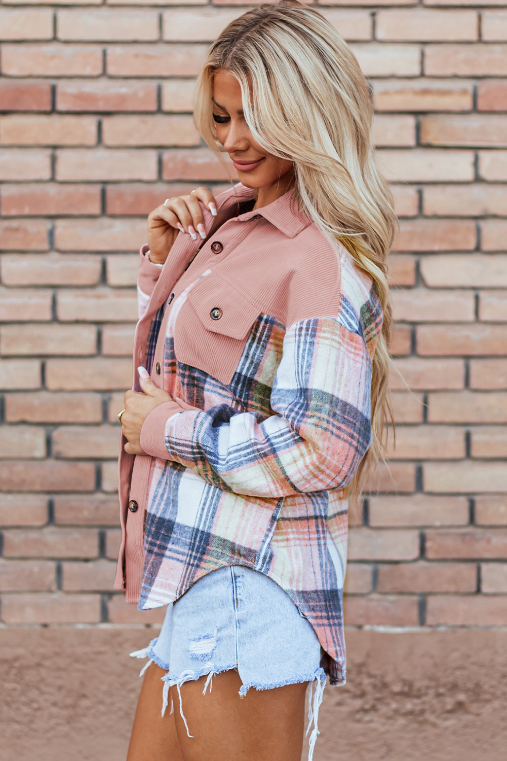 Light Pink & Blue Plaid Corduroy Color-block Chest Pockets Heavyweight Button-down Shirt